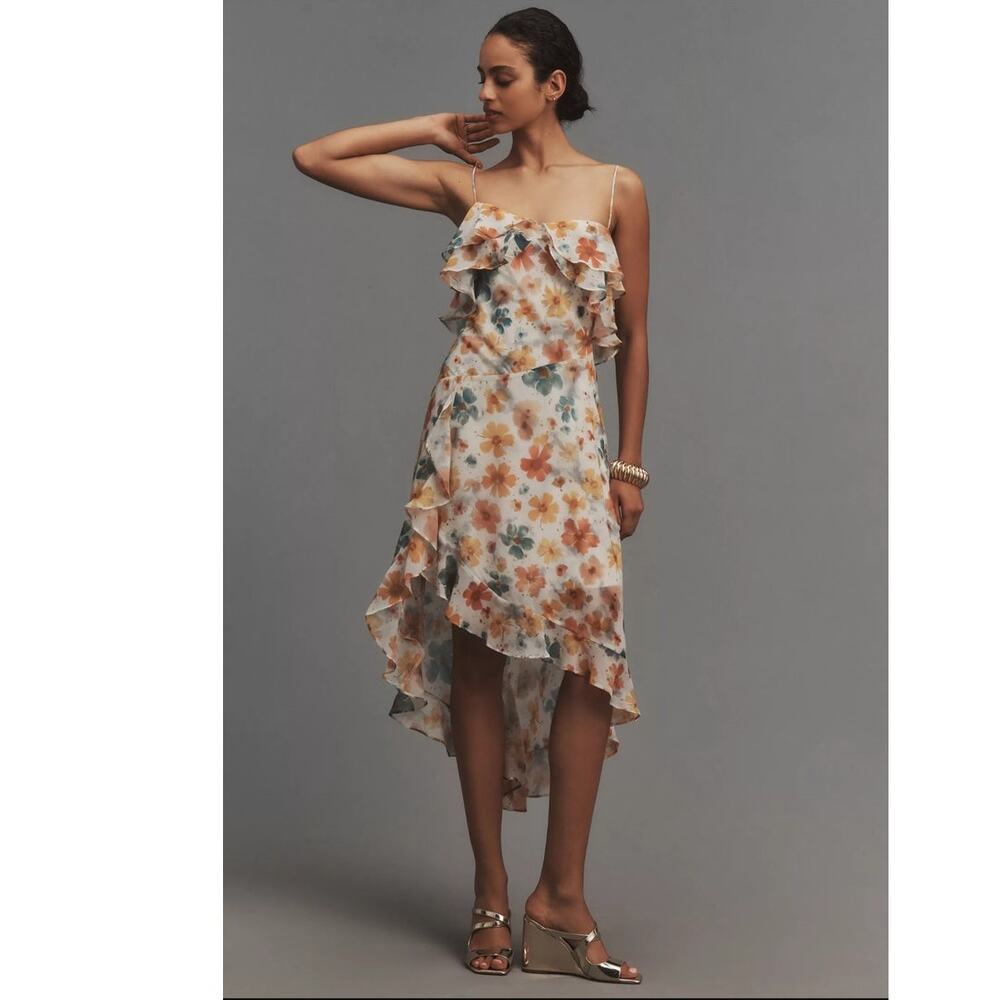 NWT By Anthropologie Sleeveless Asymmetric Ruffled Midi Dress $168 XS Floral